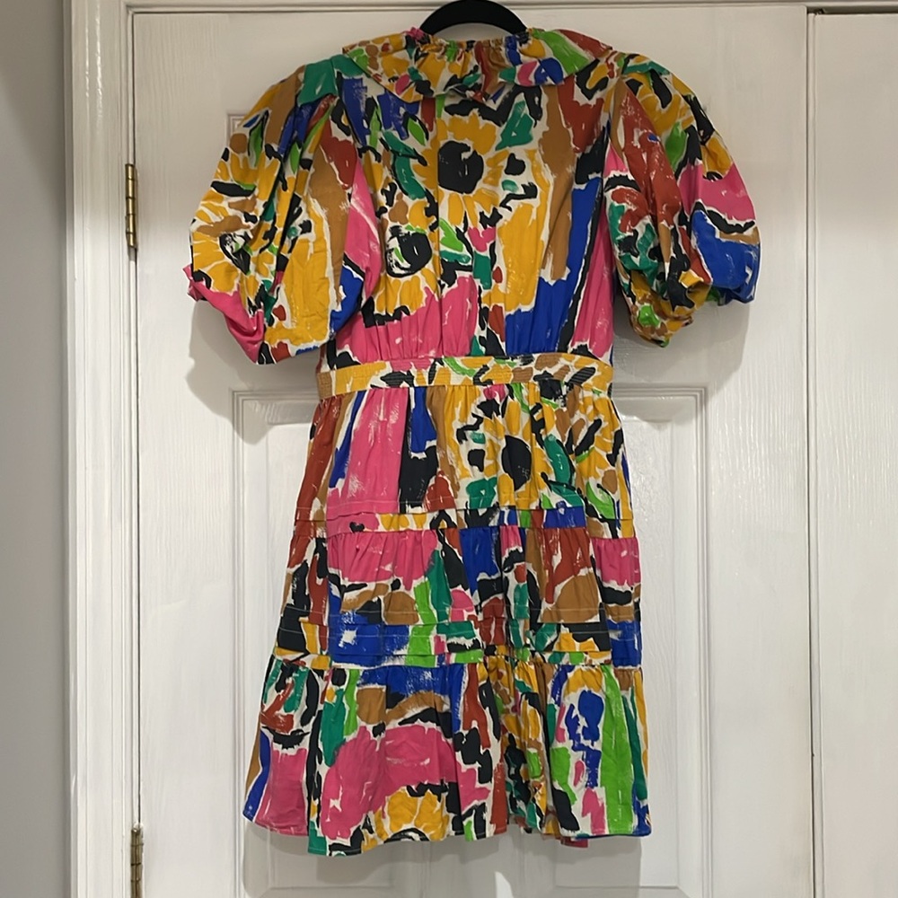 Colorful Abstract Print Mini Dress with Ruffle V-Neck - Picture 2 of 4